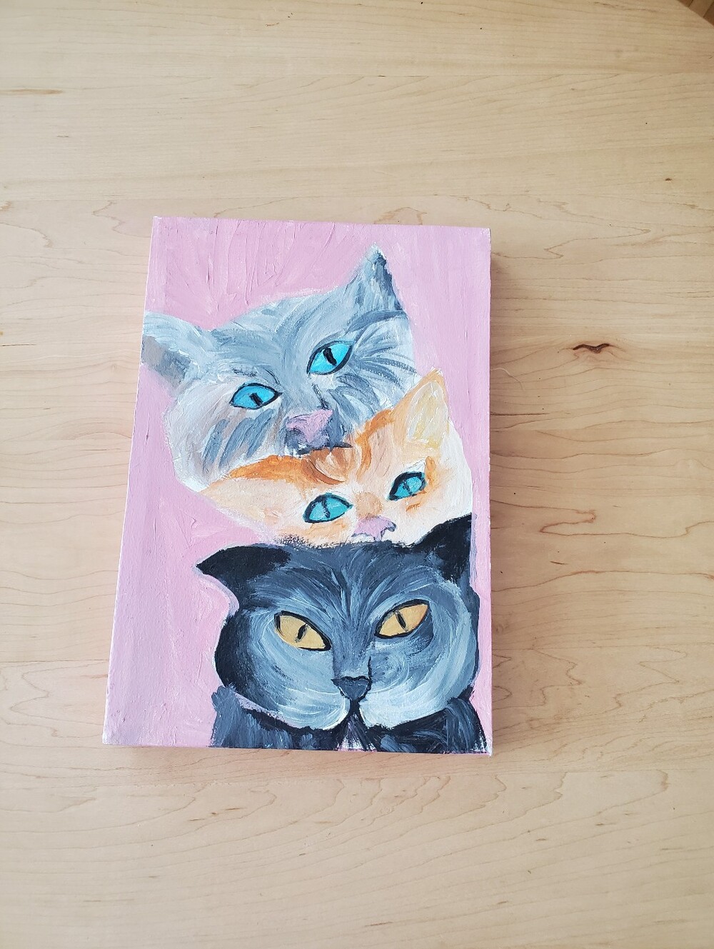 Hand Made ,Artful Cat Portrait Canvas Print in Pink, Gray, Orange